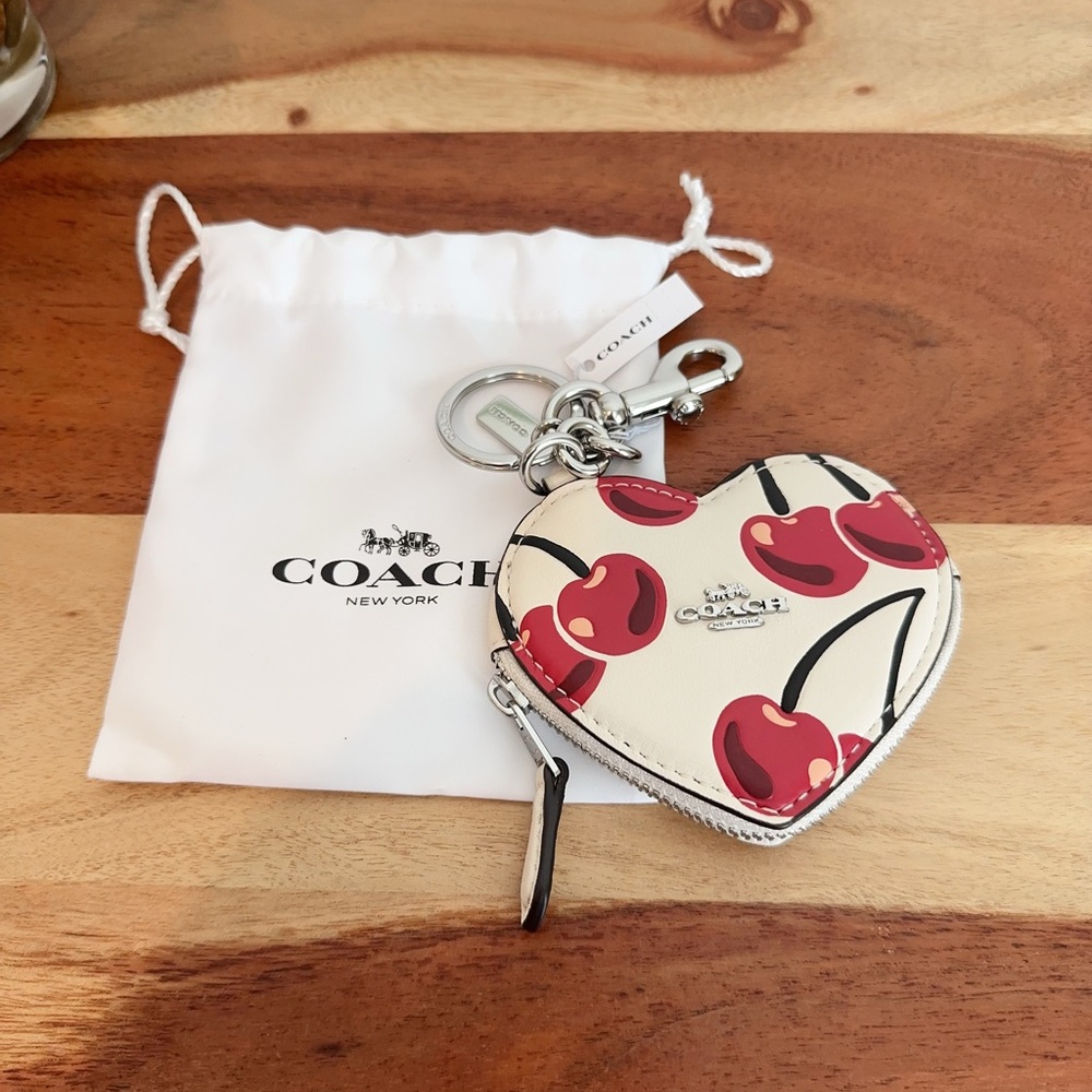 NWT Coach Heart Coin Pouch Bag Charm With‎ Cherry Print